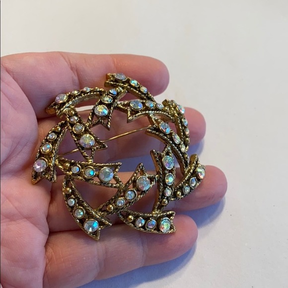 Vintage mid century brooch gold & AB rhinestones - Picture 3 of 4
